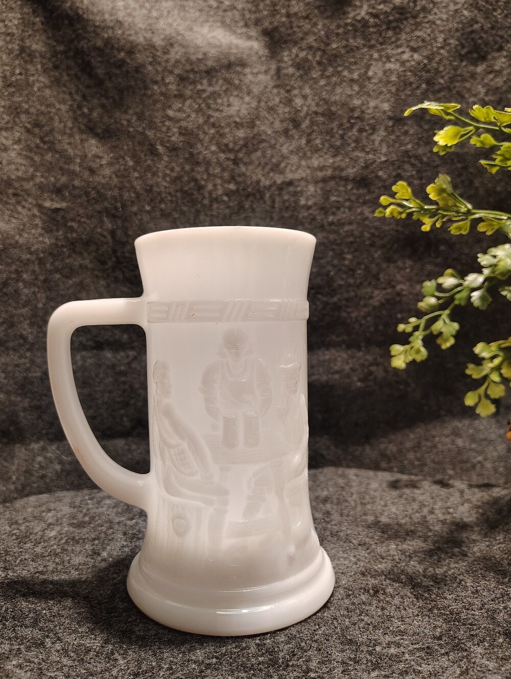 Vintage 1950-70's Milk Glass Beer Stein Features Tavern Scene.